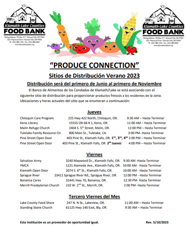 Horario de Produce Connection – Klamath Lake Counties Food Bank